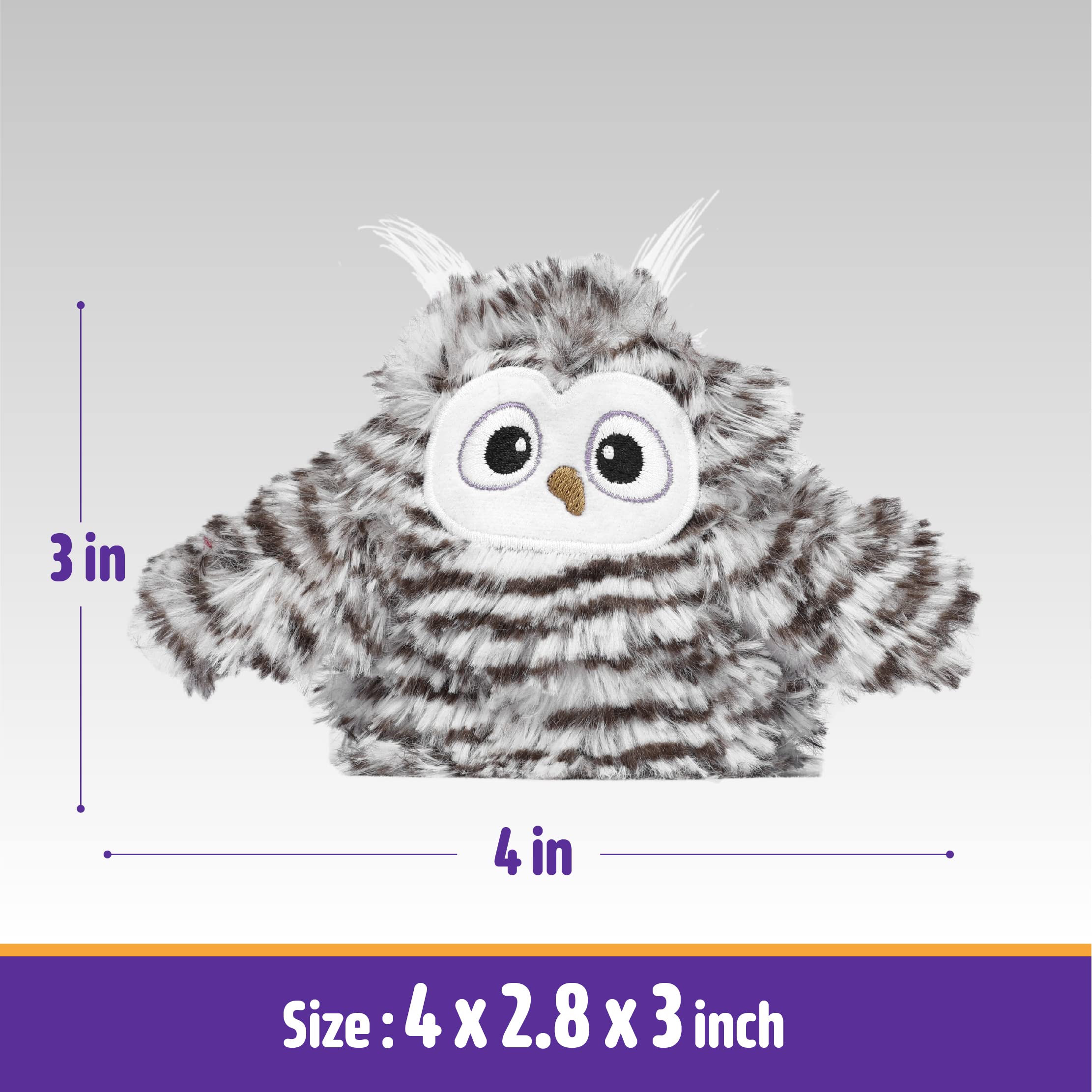 Kimee catnip-infused owl cover excites play and reduces stress.