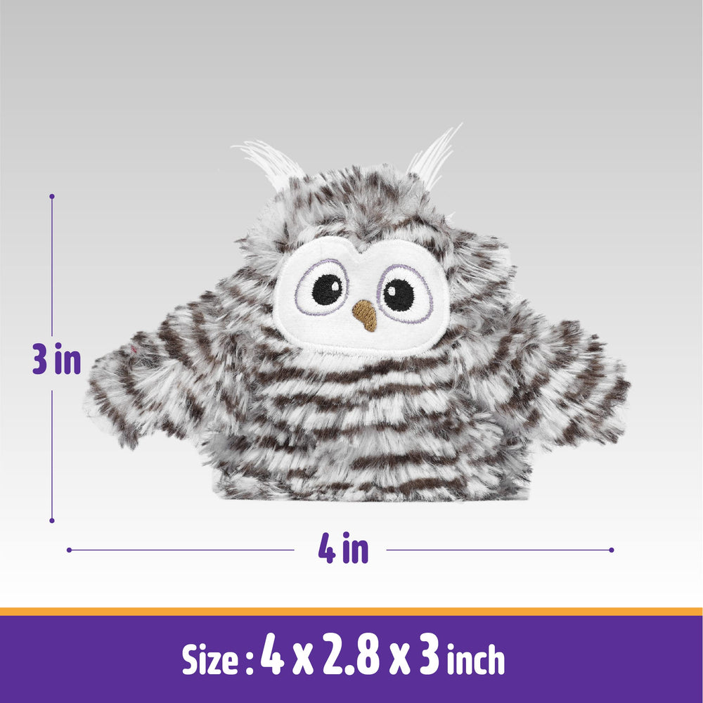 Kimee catnip-infused owl cover excites play and reduces stress.