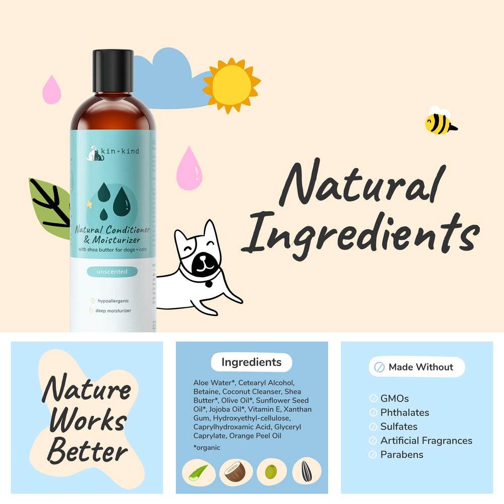 Kin-kind conditioner being brushed through a pet's coat to soften fur