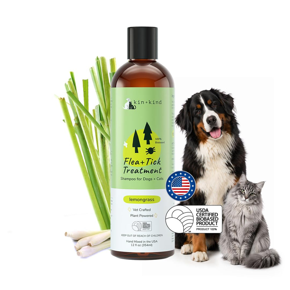 Kin+Kind Cat & Dog Shampoo bottle front highlights plant powered flea prevention.