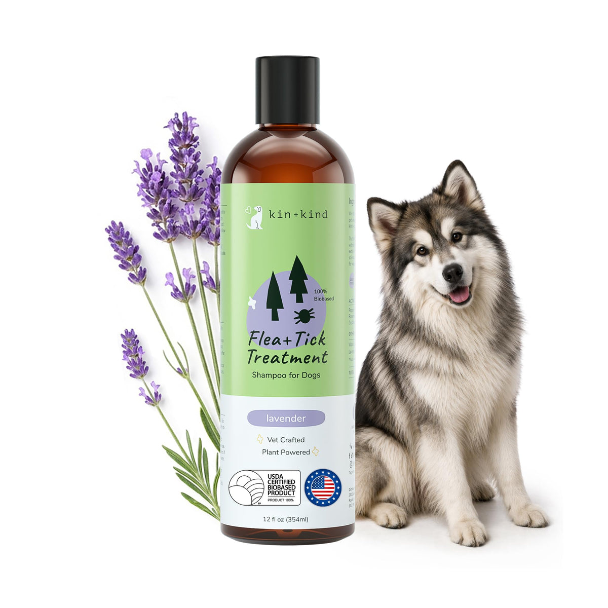 kin+kind Dog Shampoo bottle label signals vet-formulated, plant-powered care for fleas and ticks.