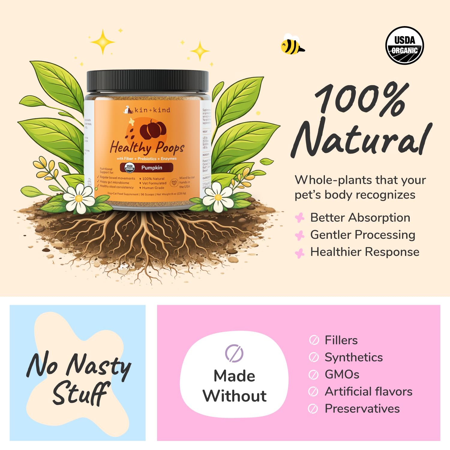 kin+kind Healthy Poops pumpkin powder tub shown for daily digestive support