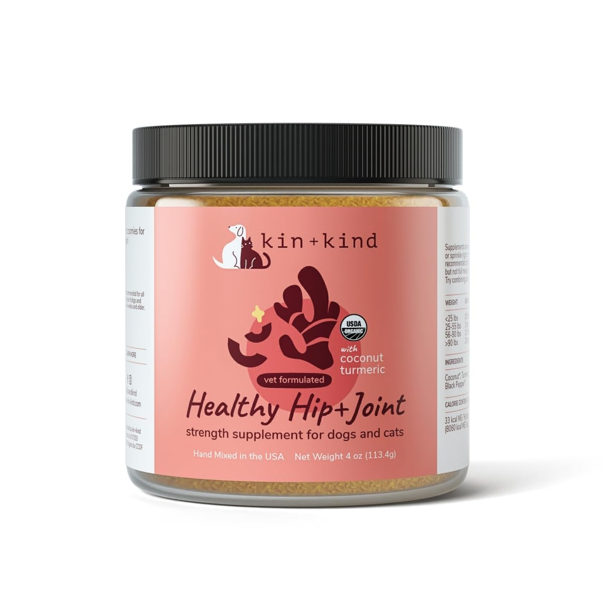 Kin+Kind hip and joint supplement bottle for pets supports mobility