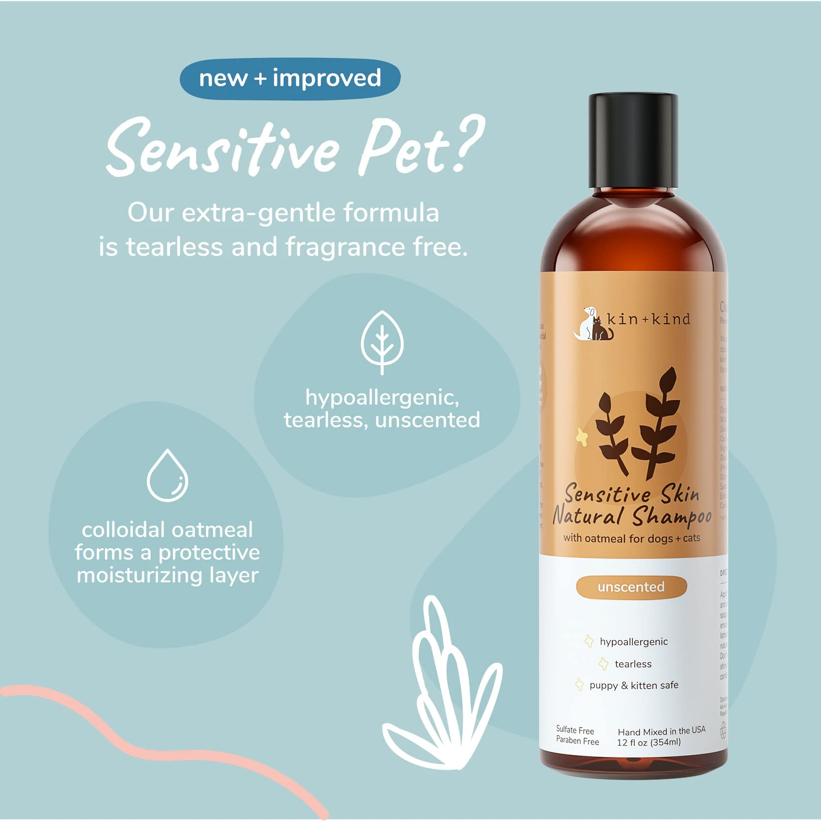 Kin-kind oatmeal moisture shampoo helping skin and coat during baths.