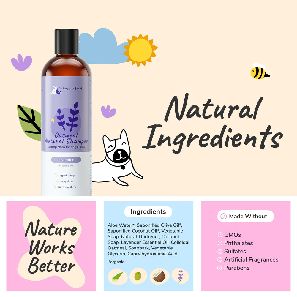 Kin-Kind Oatmeal Shampoo pet-care routine suggests versatile use for dogs and cats.
