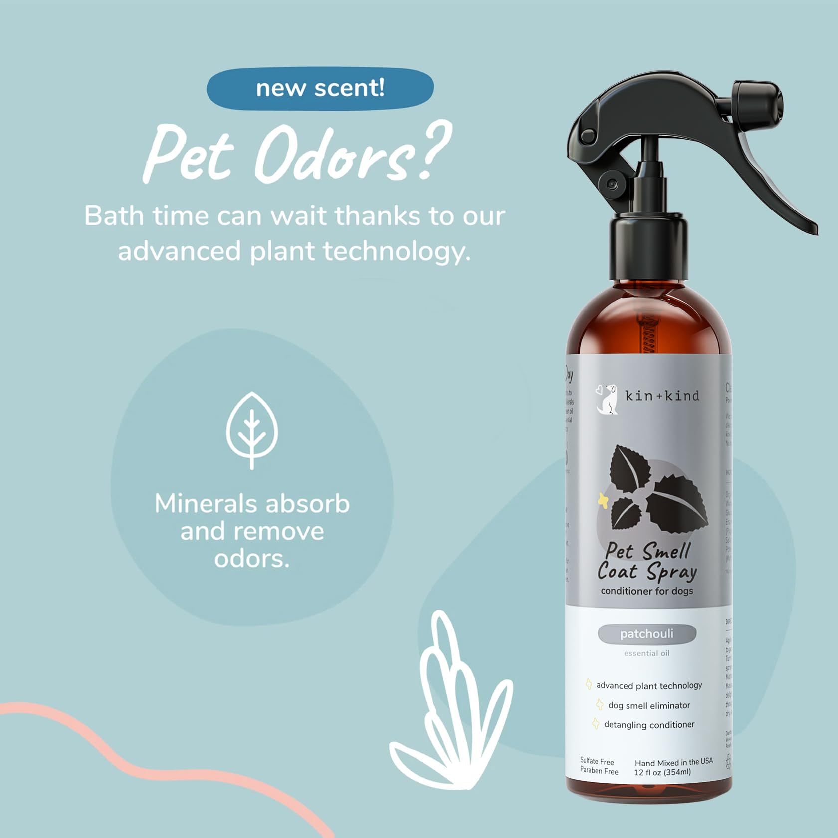 kin+kind patchouli spray bottle on a dog coat delivering earthy, calming scent