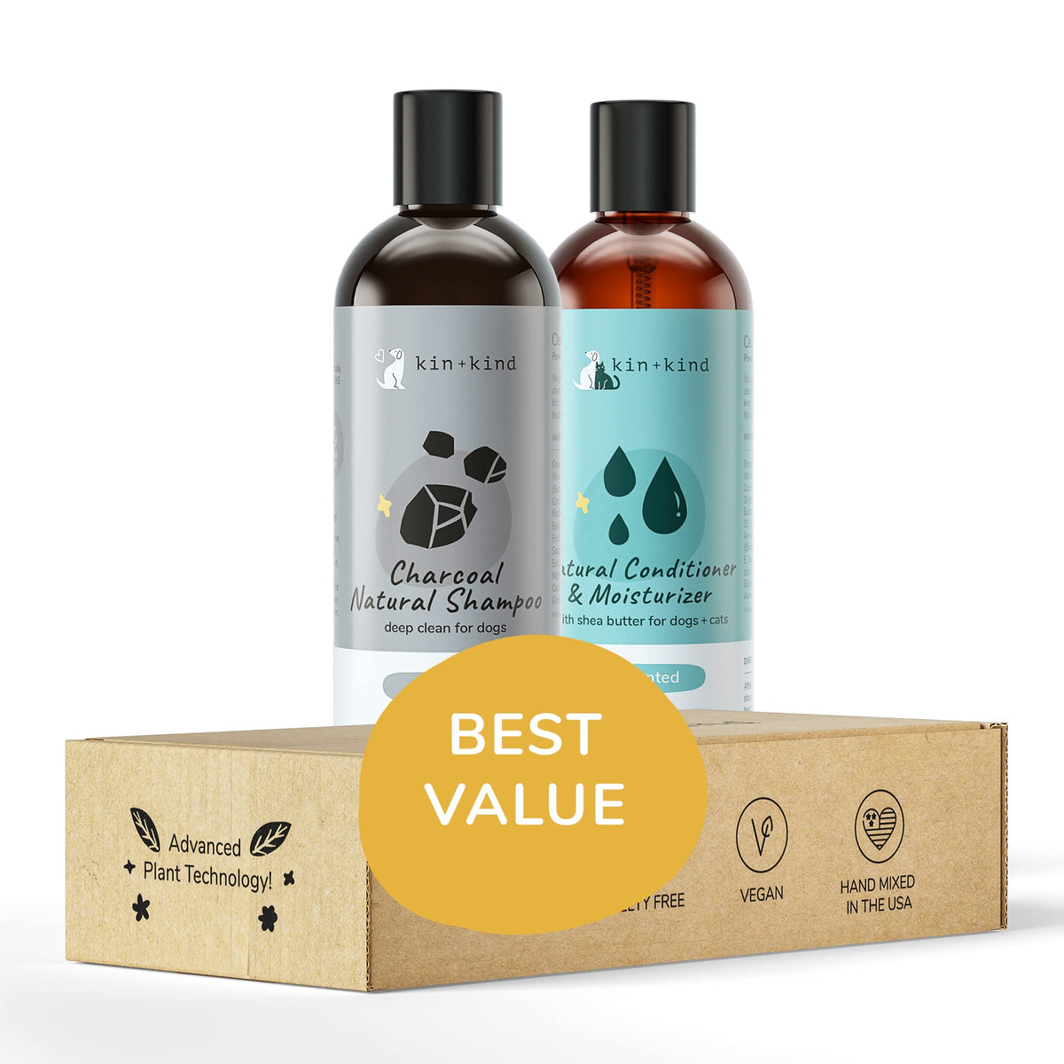 kin+kind shampoo bottle front with activated charcoal for gentle cleansing.