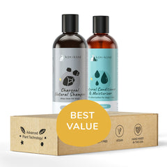 kin+kind shampoo bottle front with activated charcoal for gentle cleansing.