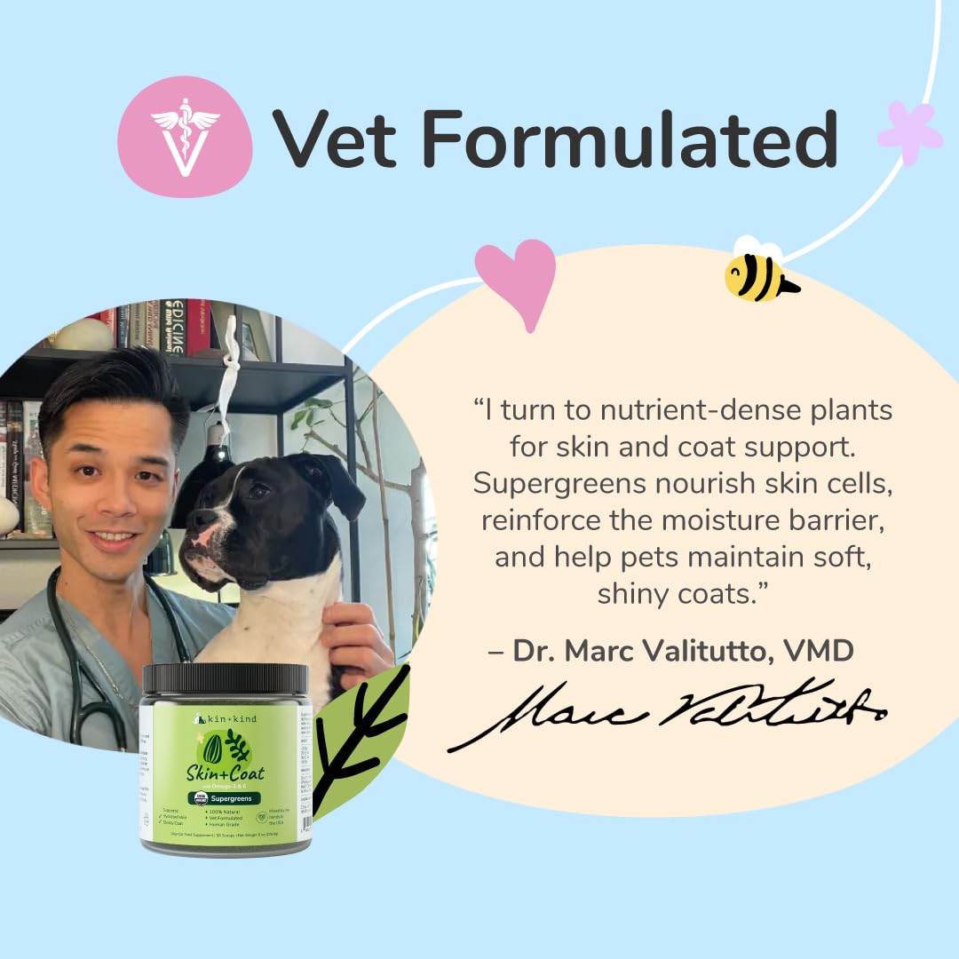 kin-kind vet-formulated daily nutrition supports balanced skin and coat.