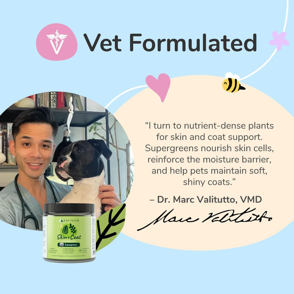 kin-kind vet-formulated daily nutrition supports balanced skin and coat.