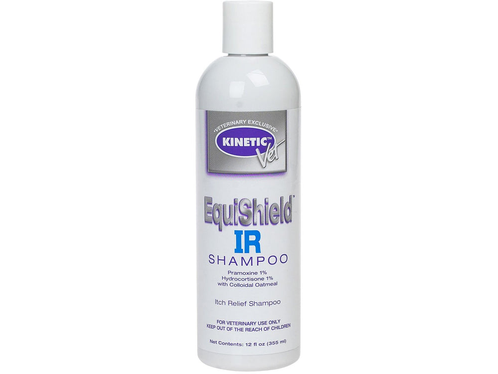 Kinetic Vet EquiShield IR Shampoo 12oz bottle offers soothing relief for irritated skin.