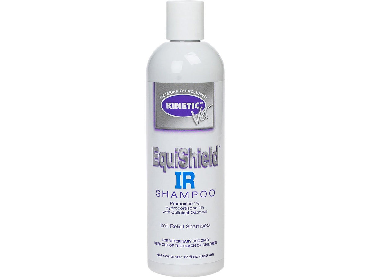 Kinetic Vet EquiShield IR Shampoo 12oz bottle offers soothing relief for irritated skin.
