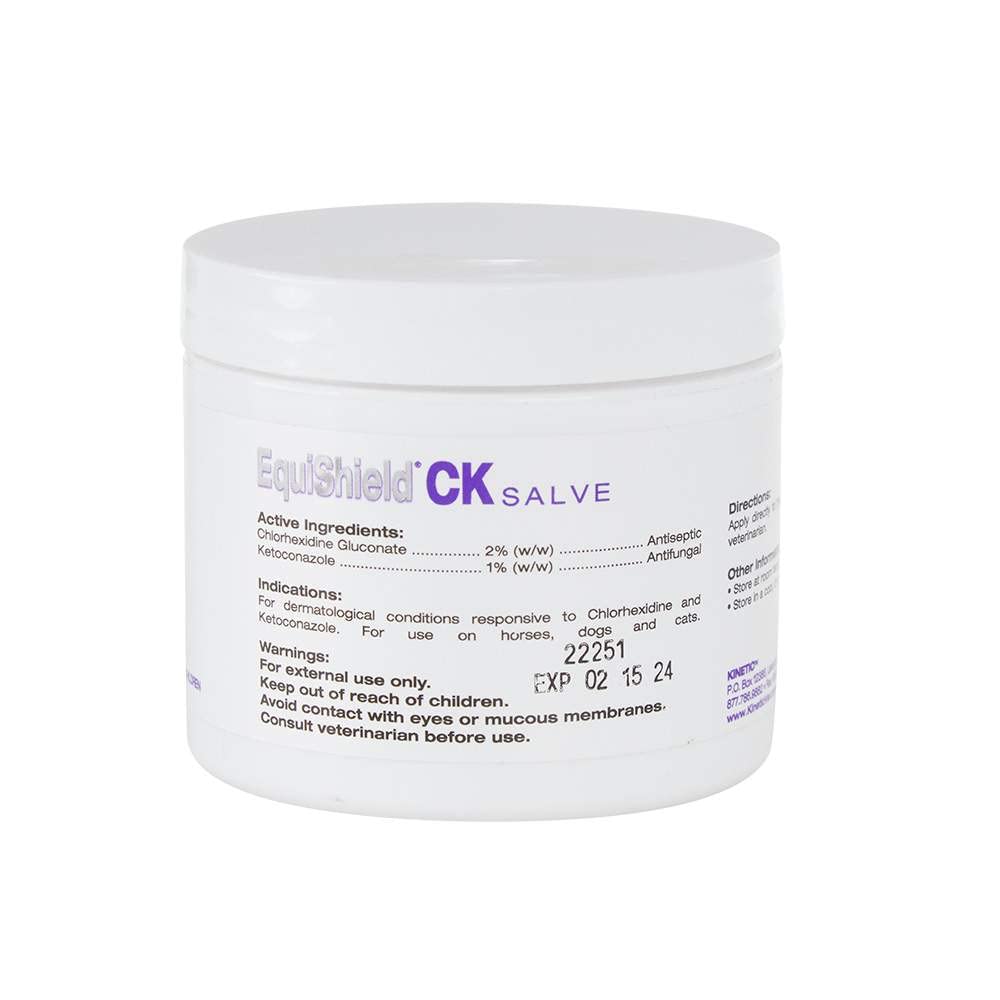 Kinetic Vet EquiShield CK Salve packaging shows dosage and usage.