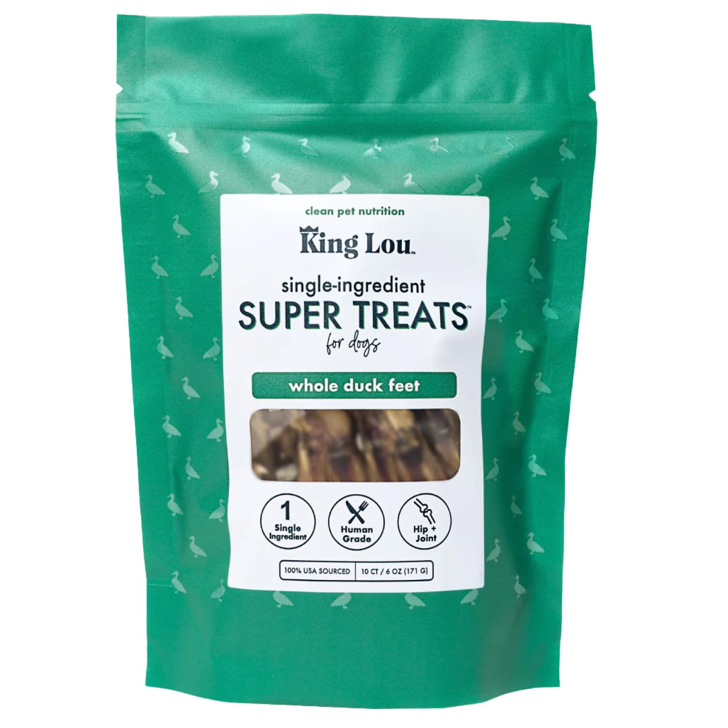 King Lou duck feet treat pack—crunchy, single-ingredient dental snack for dogs.