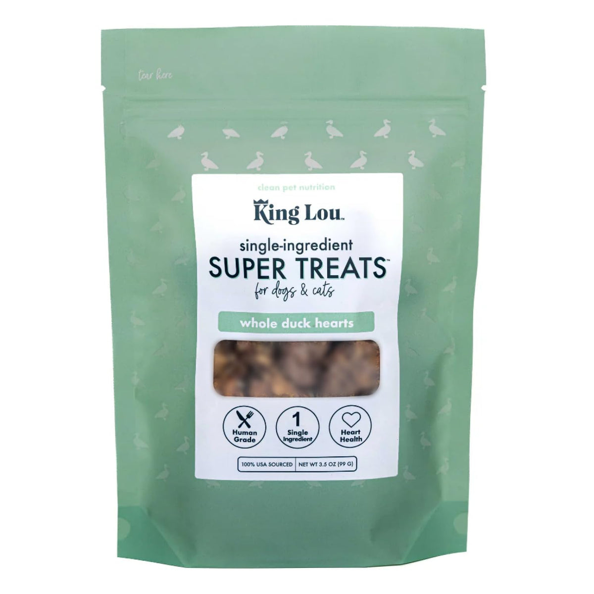 King Lou Duck Hearts bites in a 1lb bag, ideal daily treats.