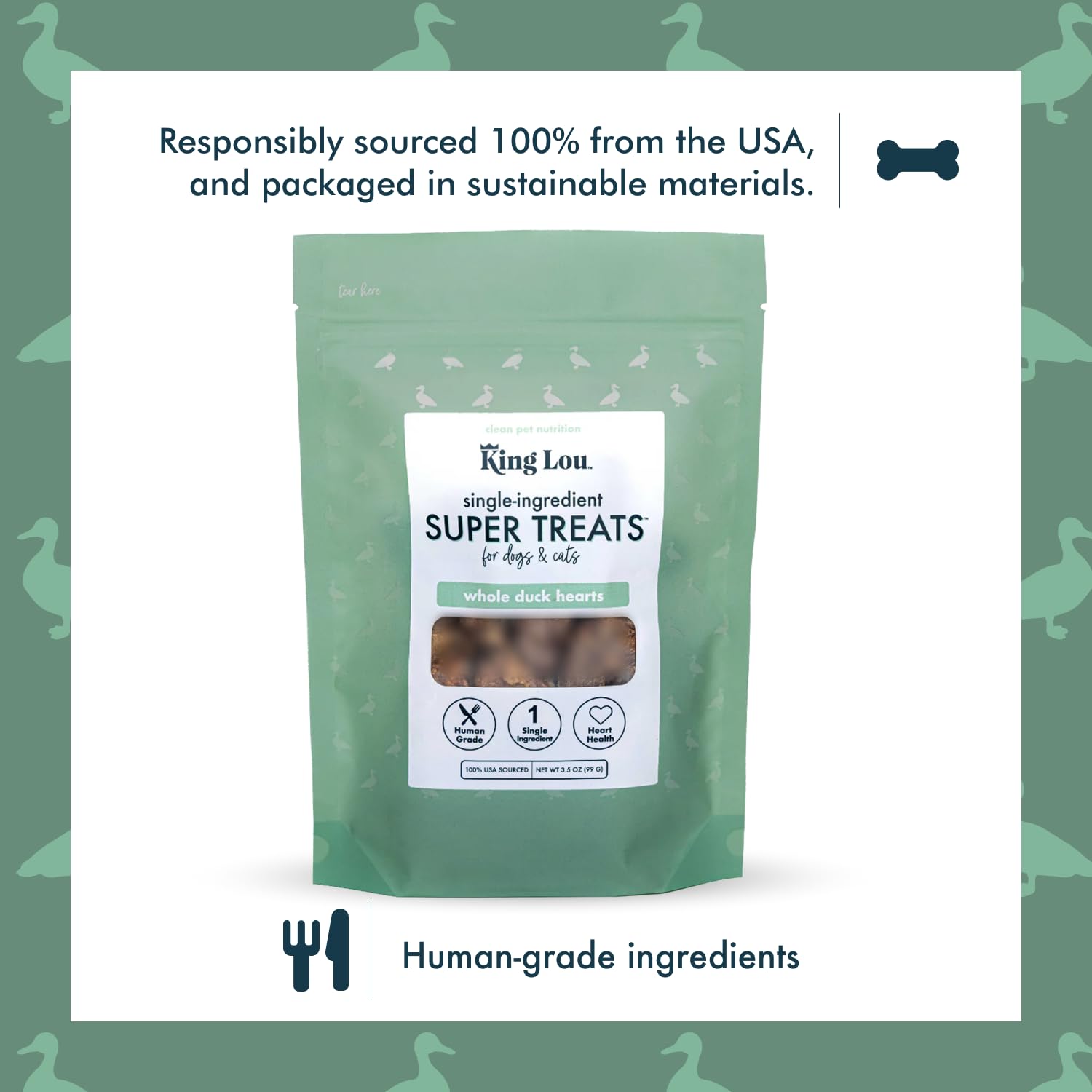 Packaging closeup highlights USA-made, single-ingredient promise from King Lou.