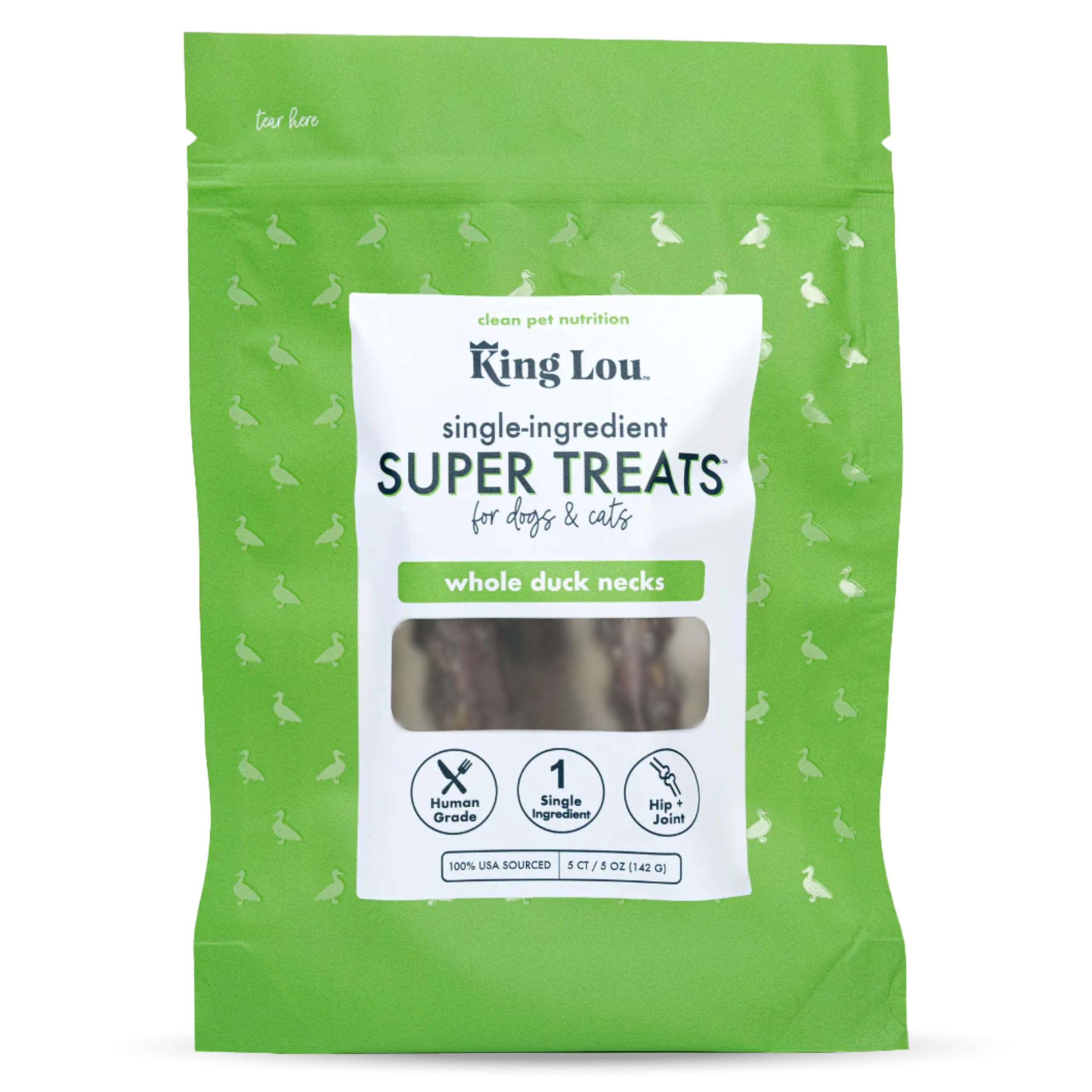 King Lou Duck Neck dog treat pack with crunchy texture for dental snacking.