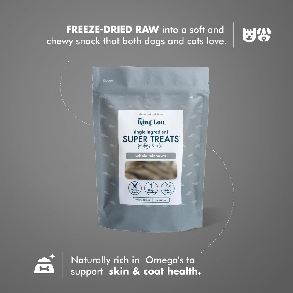 King Lou Minnows 2oz pouch offers convenient single-ingredient treats for pets.