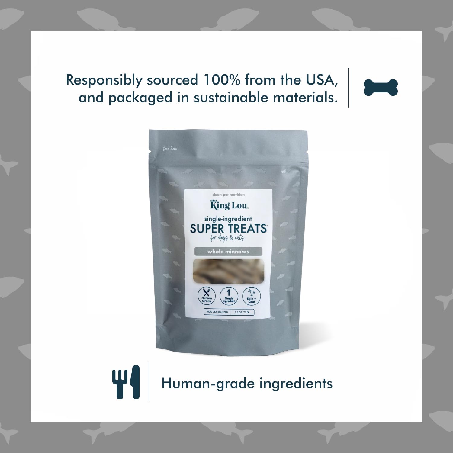 King Lou Minnows freeze-dried cat treats delivering omega boosts for shiny fur.