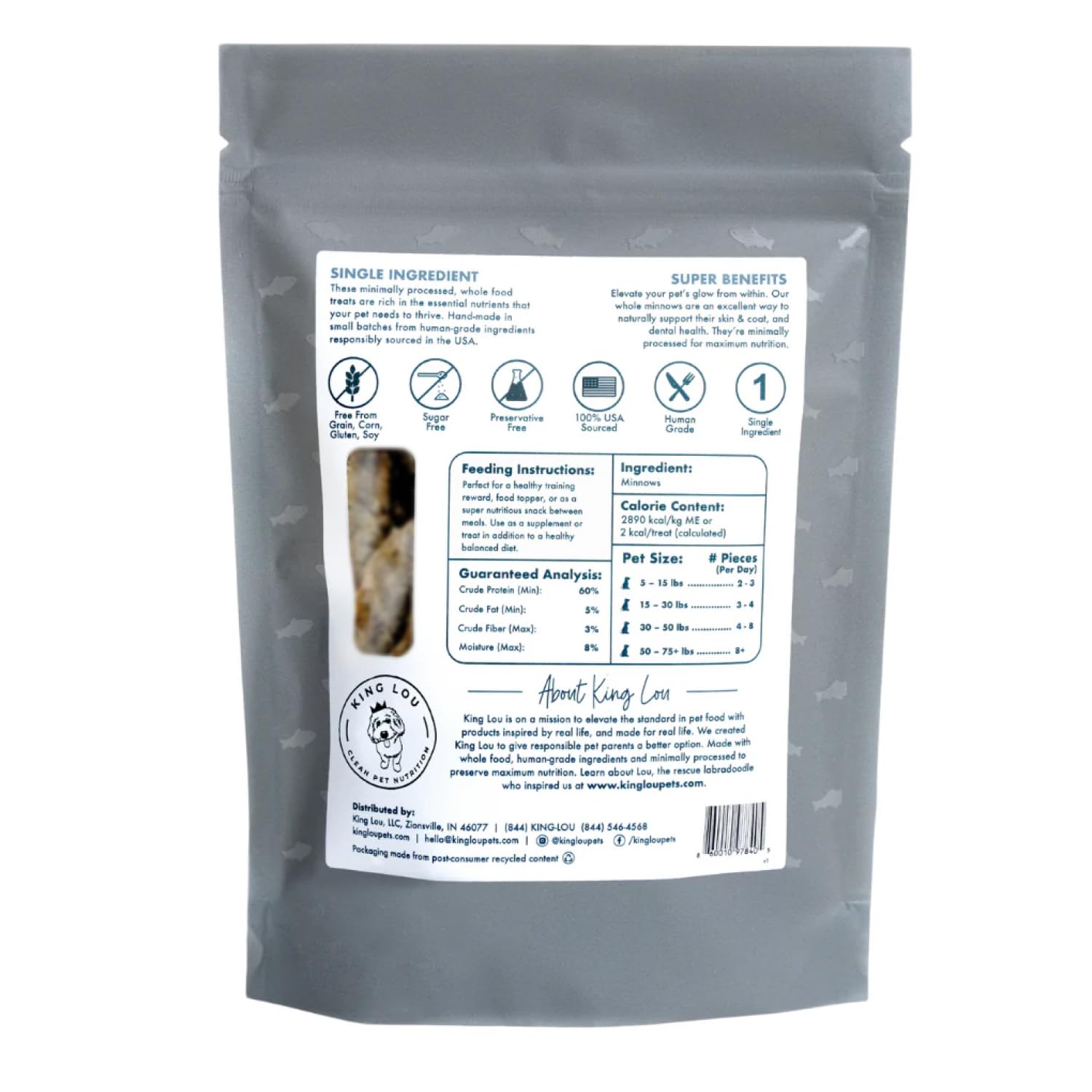 King Lou Minnows single-ingredient fish snack ideal for simple diets.