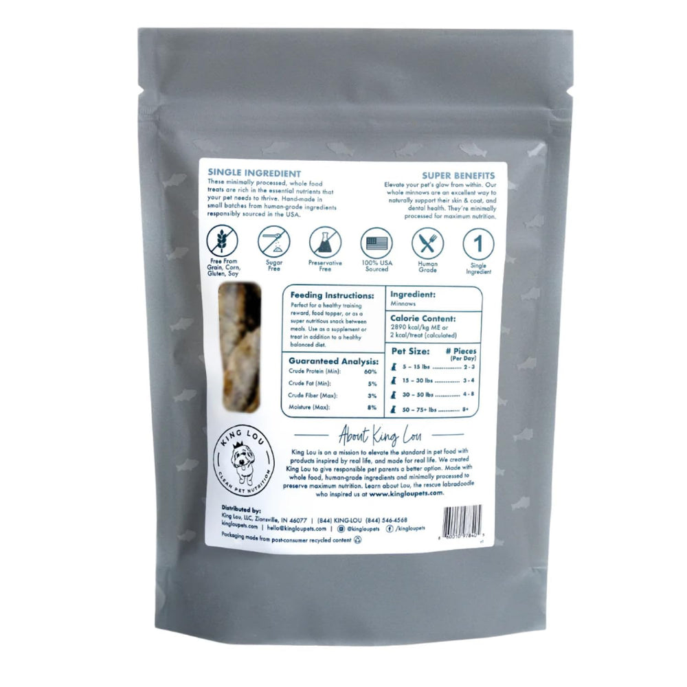 King Lou Minnows single-ingredient fish snack ideal for simple diets.