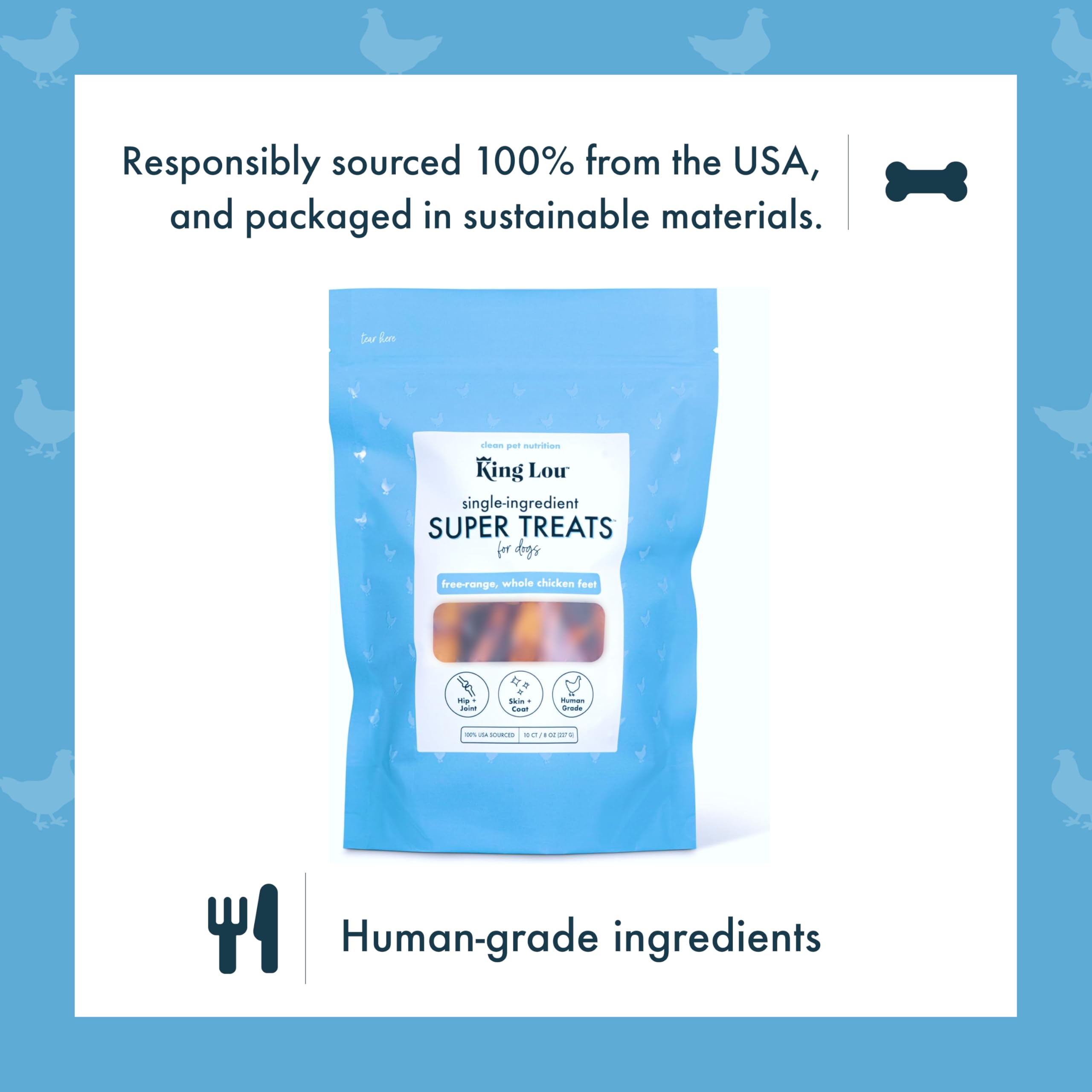 King Lou Pets dehydrated chicken feet closeup, natural texture for satisfying dog chew.