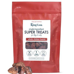 King Lou Pets freeze-dried chicken hearts pack for dogs and cats, ideal rewards.
