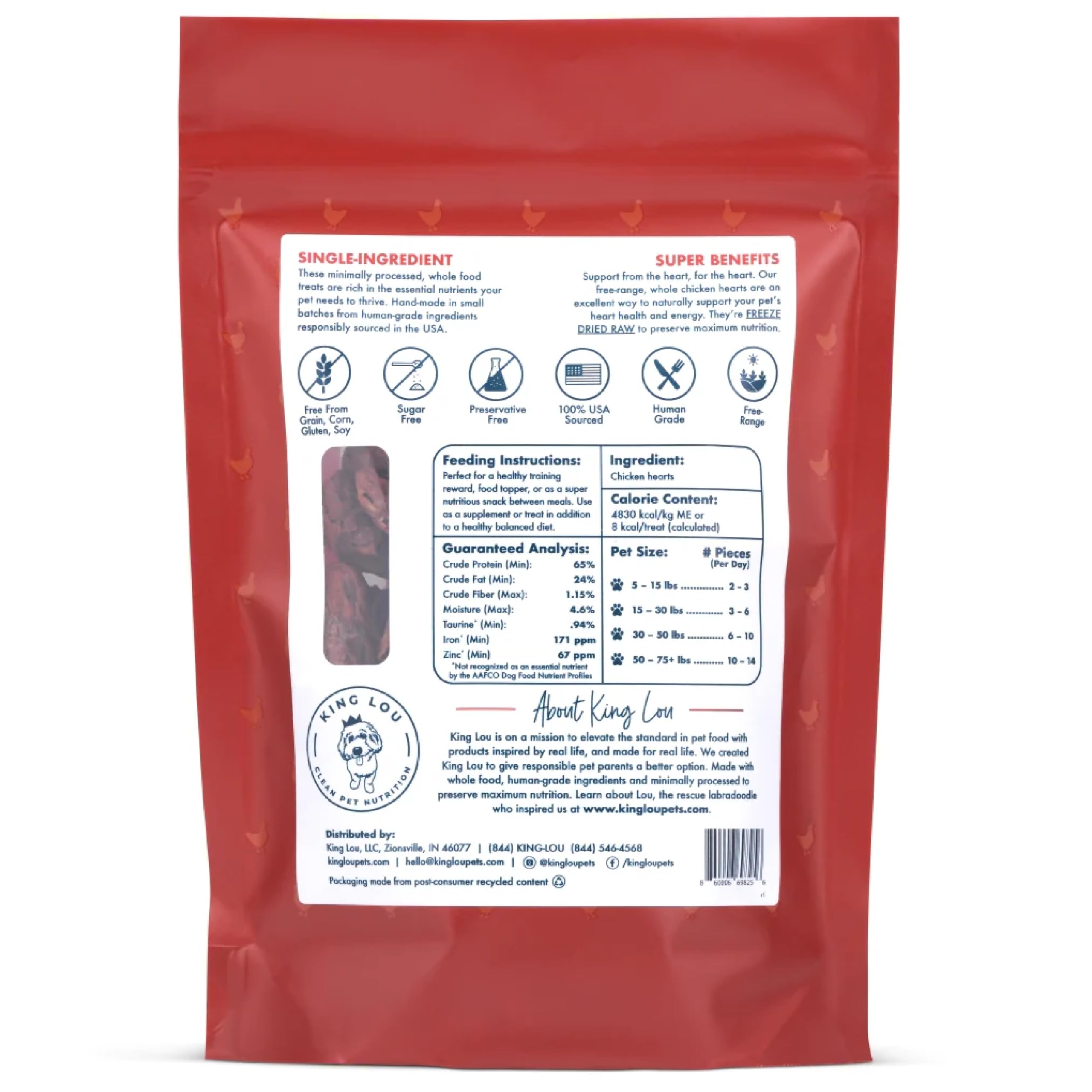 King Lou Pets heart-nutrition panel highlights taurine, zinc, iron in formula.