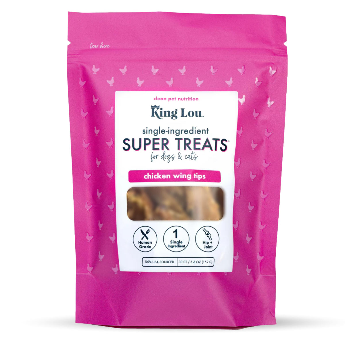 King Lou Pets packaging of whole chicken wing tips, USA-made, single-ingredient treat for dogs and cats.