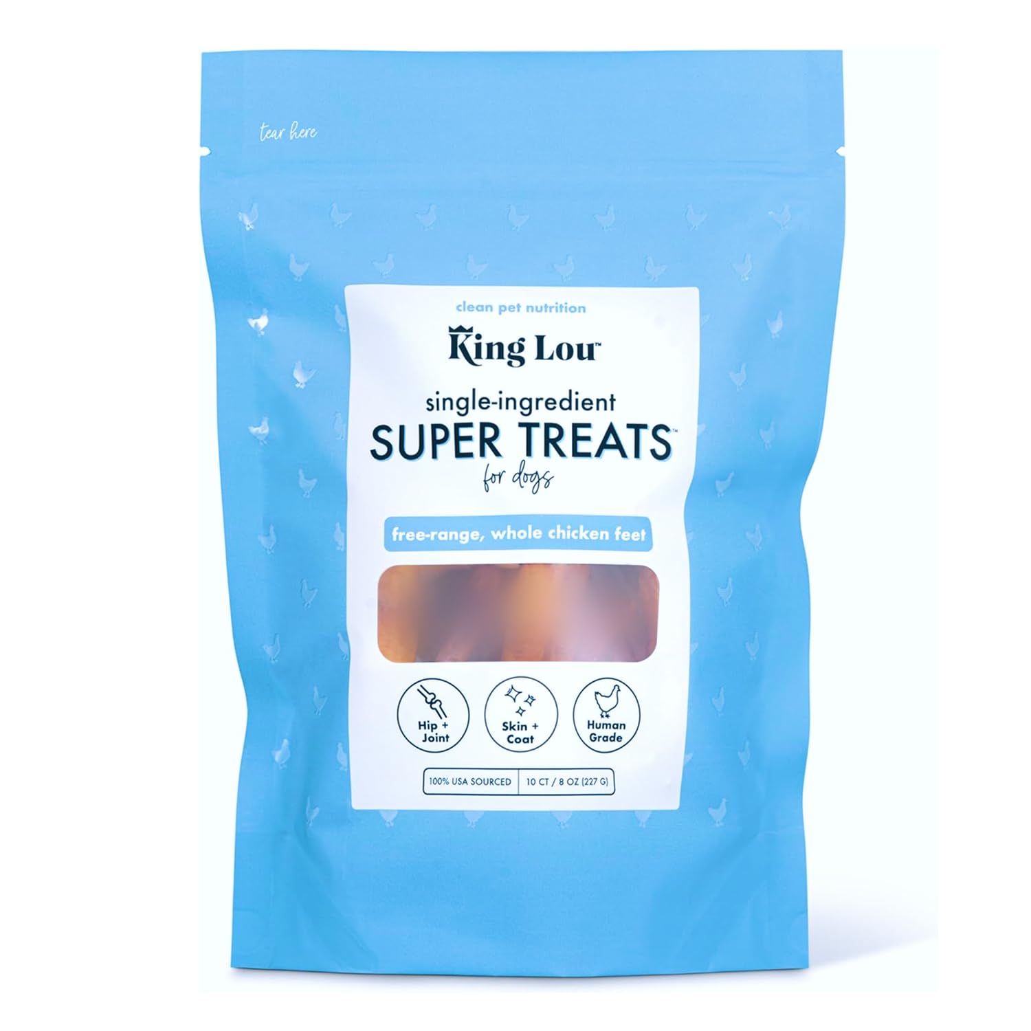 King Lou Pets whole chicken feet pack front, crunchy dental treat to support dental health.