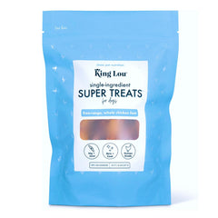 King Lou Pets whole chicken feet pack front, crunchy dental treat to support dental health.