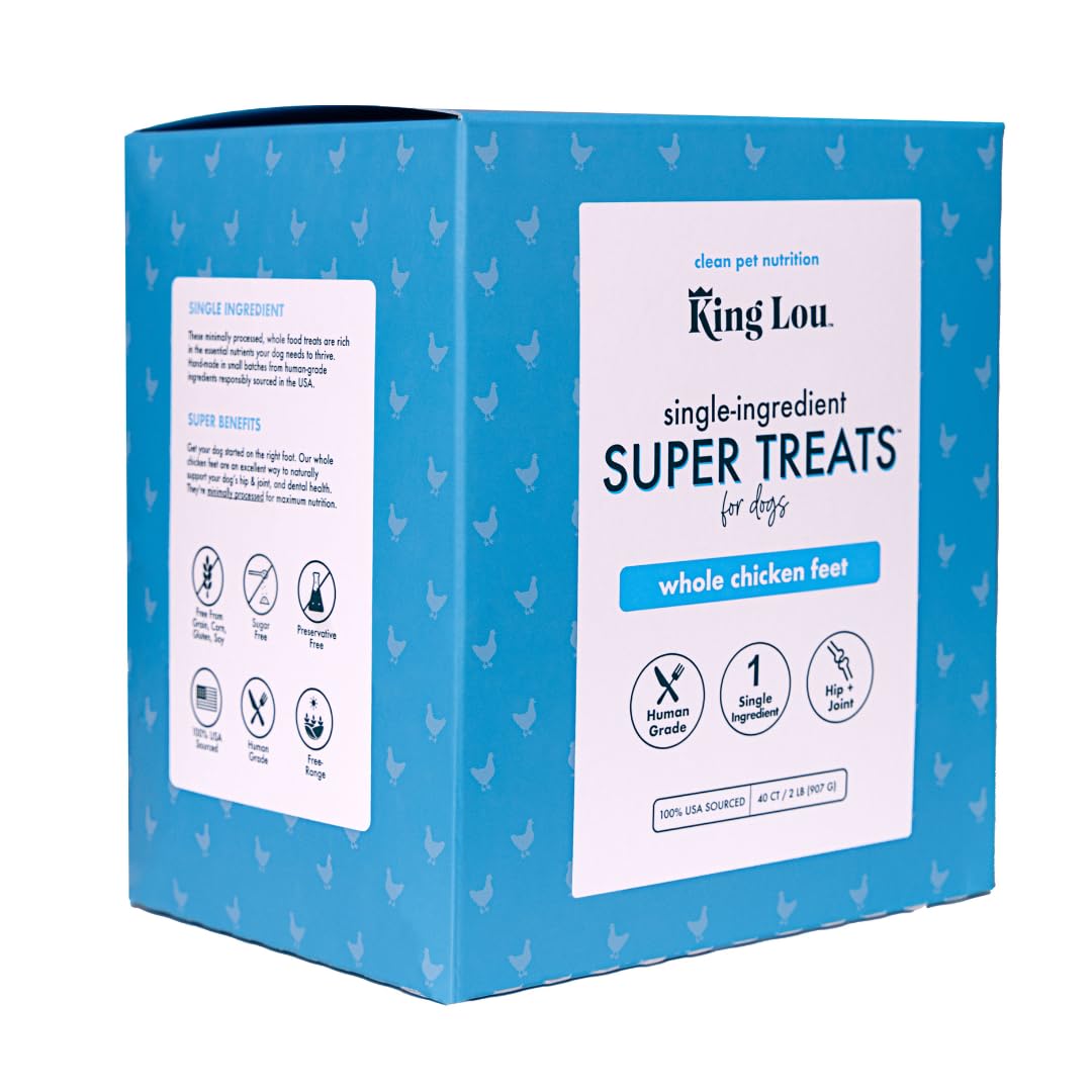 King Lou Pets whole chicken feet treats in a resealable box for all-sized dogs