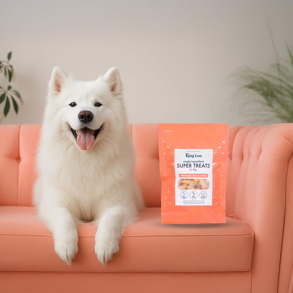 King Lou Pets Wild Salmon Bites serving idea with pieces ready to offer