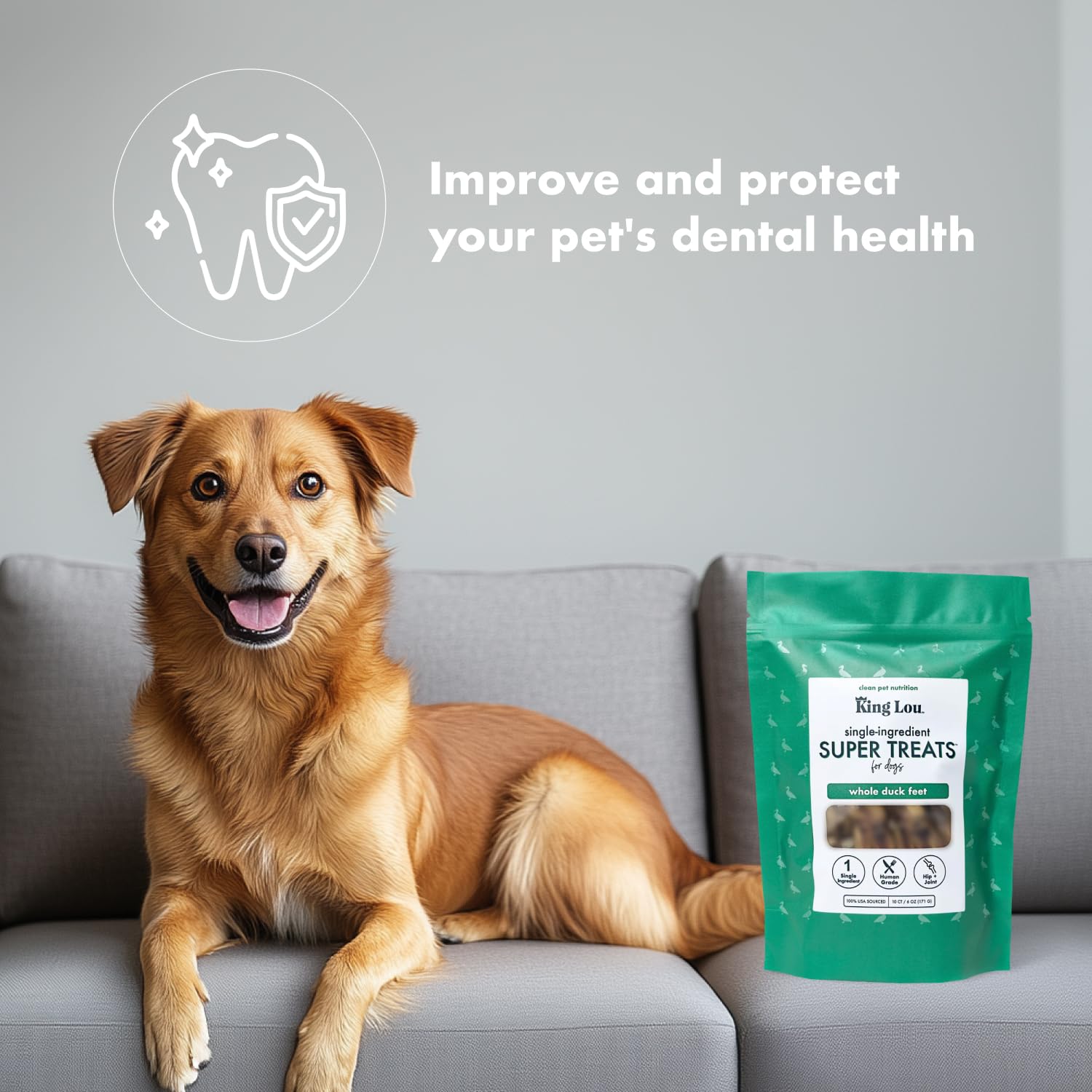 King Lou sustainable packaging of duck feet treats for dogs.