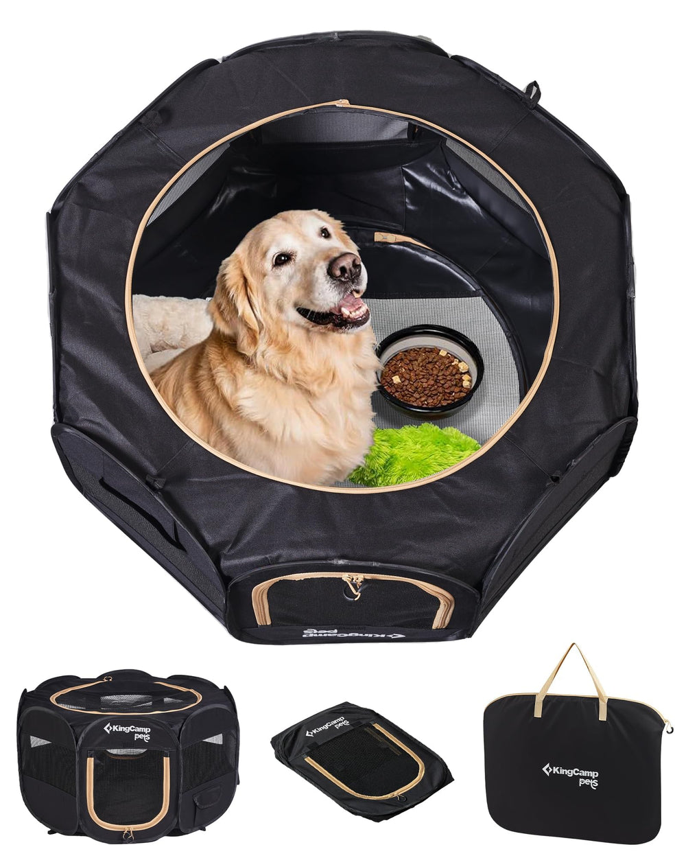 KingCamp dog playpen ground stakes keep it securely in place.