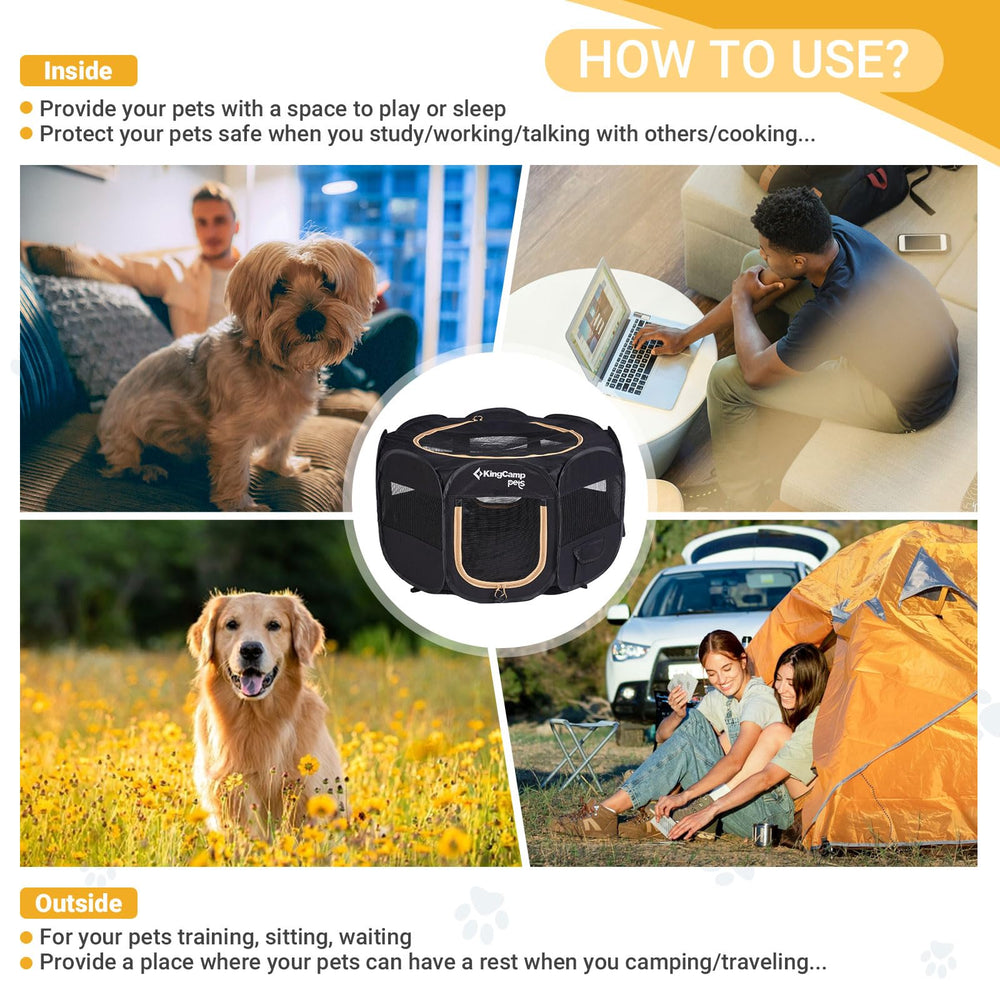 KingCamp dog playpen interior straps secure bowls and toys.