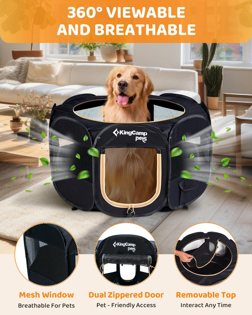 KingCamp dog playpen bottom zipper detaches for outdoor access.