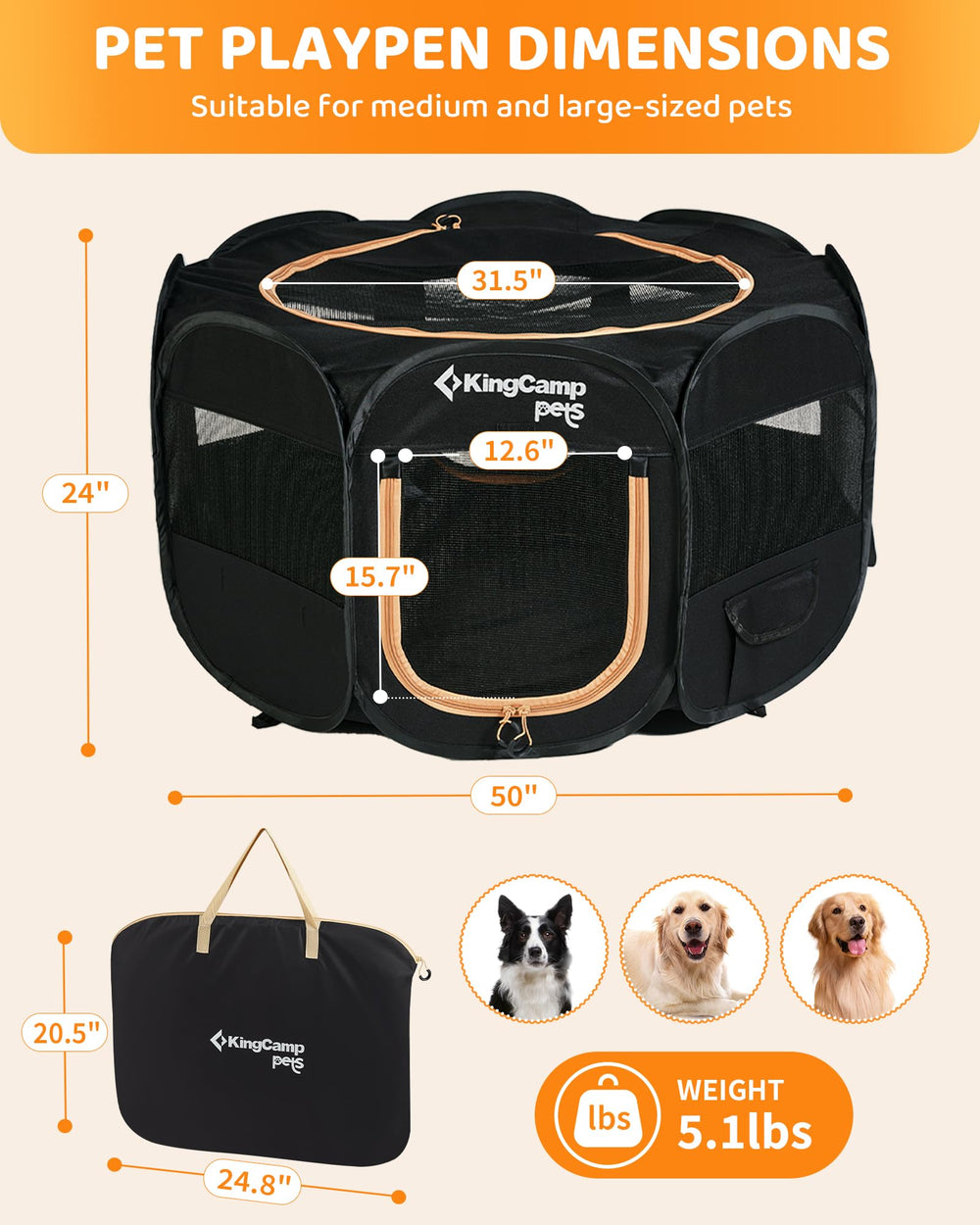 KingCamp dog playpen side pockets store treats and leashes.