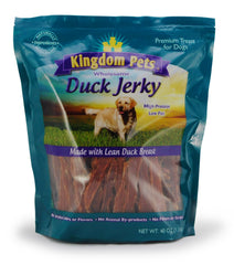Kingdom Pets Duck Jerky treats in bag front, a protein-rich reward for training.