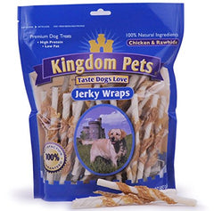 Kingdom Pets Filler Free Chicken Jerky Wraps packaging highlights a 32-ounce bag for easy, ready-to-use rewards
