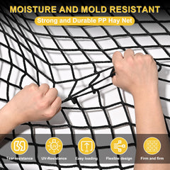 Knotless construction of Kingump hay net reduces mouth wear
