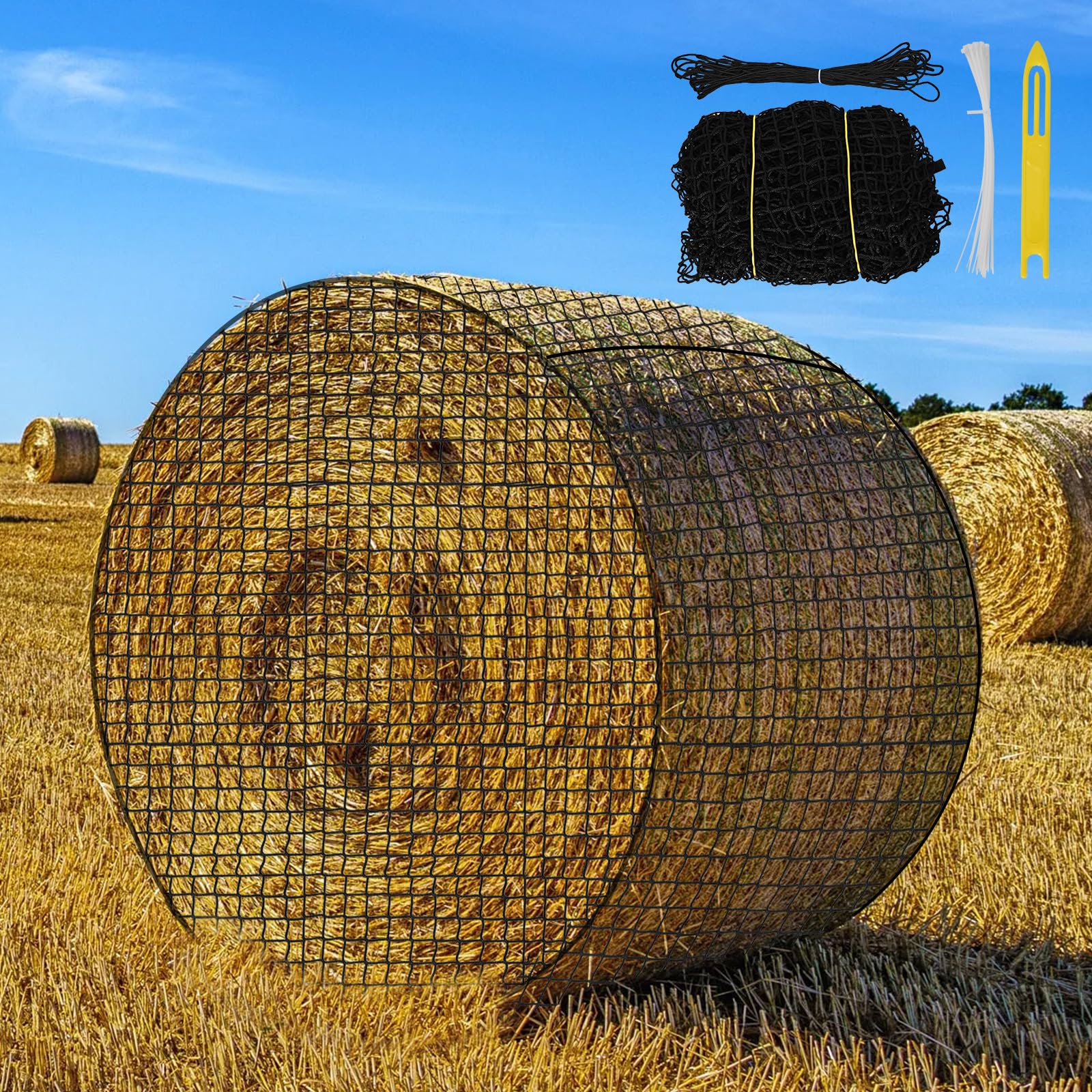 Kingump hay net on a round bale outdoors showing slow grazing setup