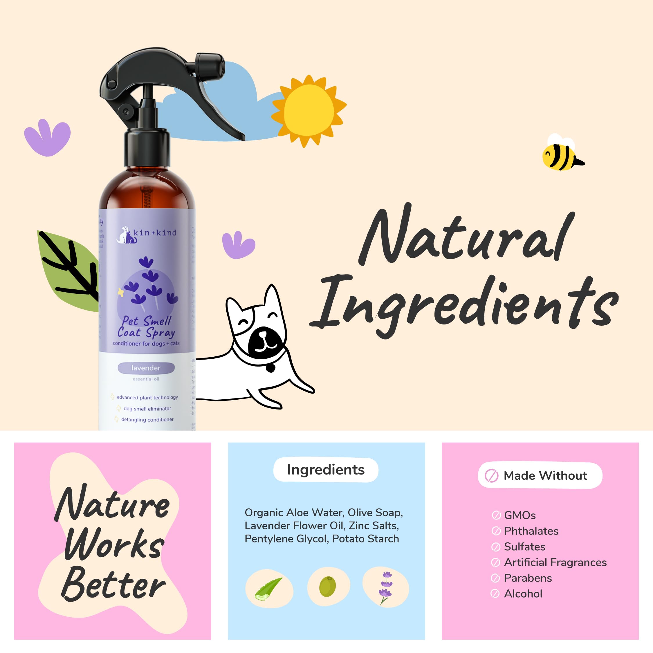 Kin+Kind dog deodorizing spray application shows easy mist for odor control