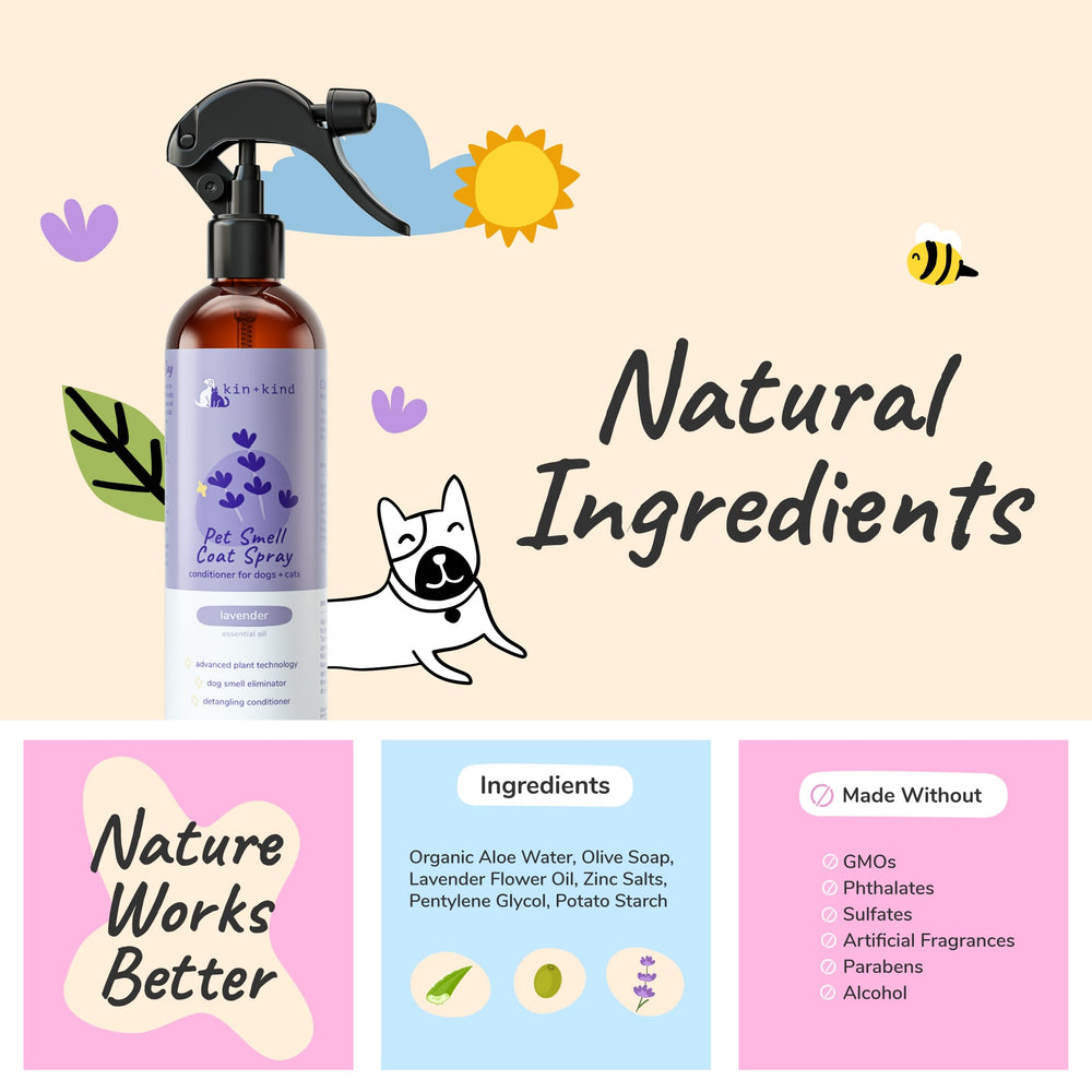 Kin+Kind dog deodorizing spray application shows easy mist for odor control