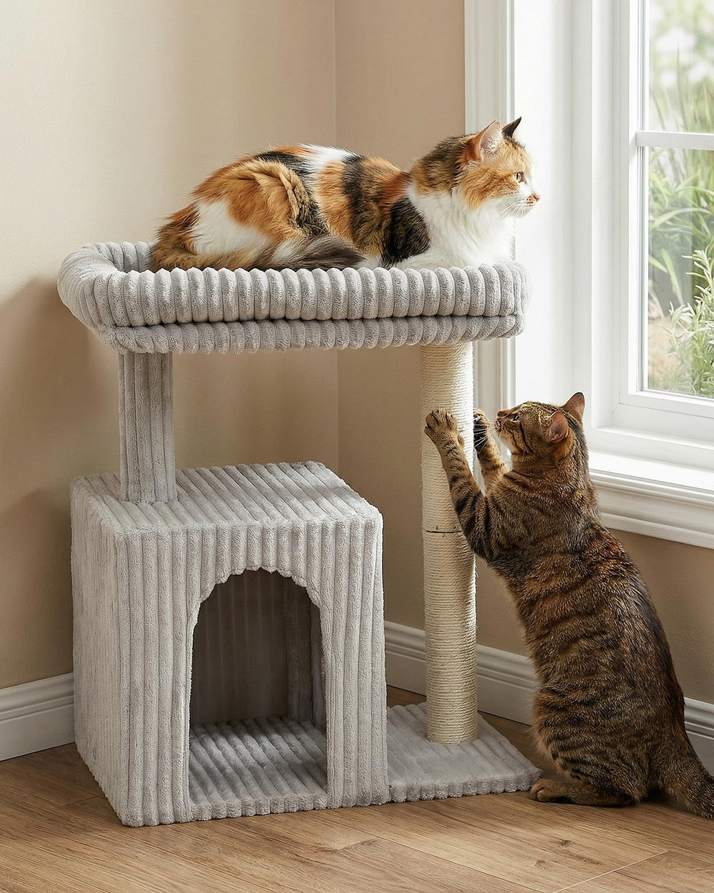 KinoTail cat tree for indoor use keeps cats entertained and safe.