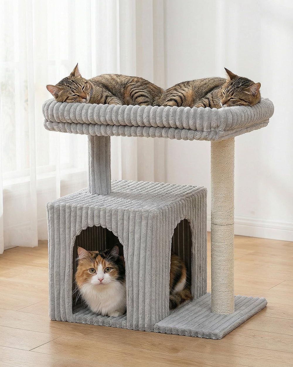 KinoTail cat tree light gray tone blends with home decor.