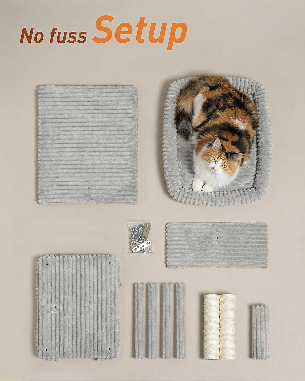 KinoTail cat tree quick-assembly with included tools for speedy setup.