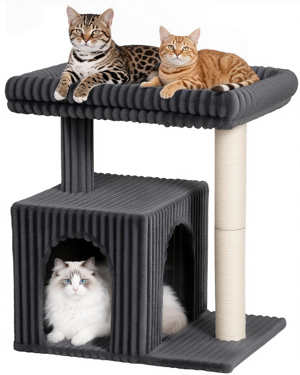 KinoTail oversized perch bed on cat tree provides roomy lounging space for large cats.