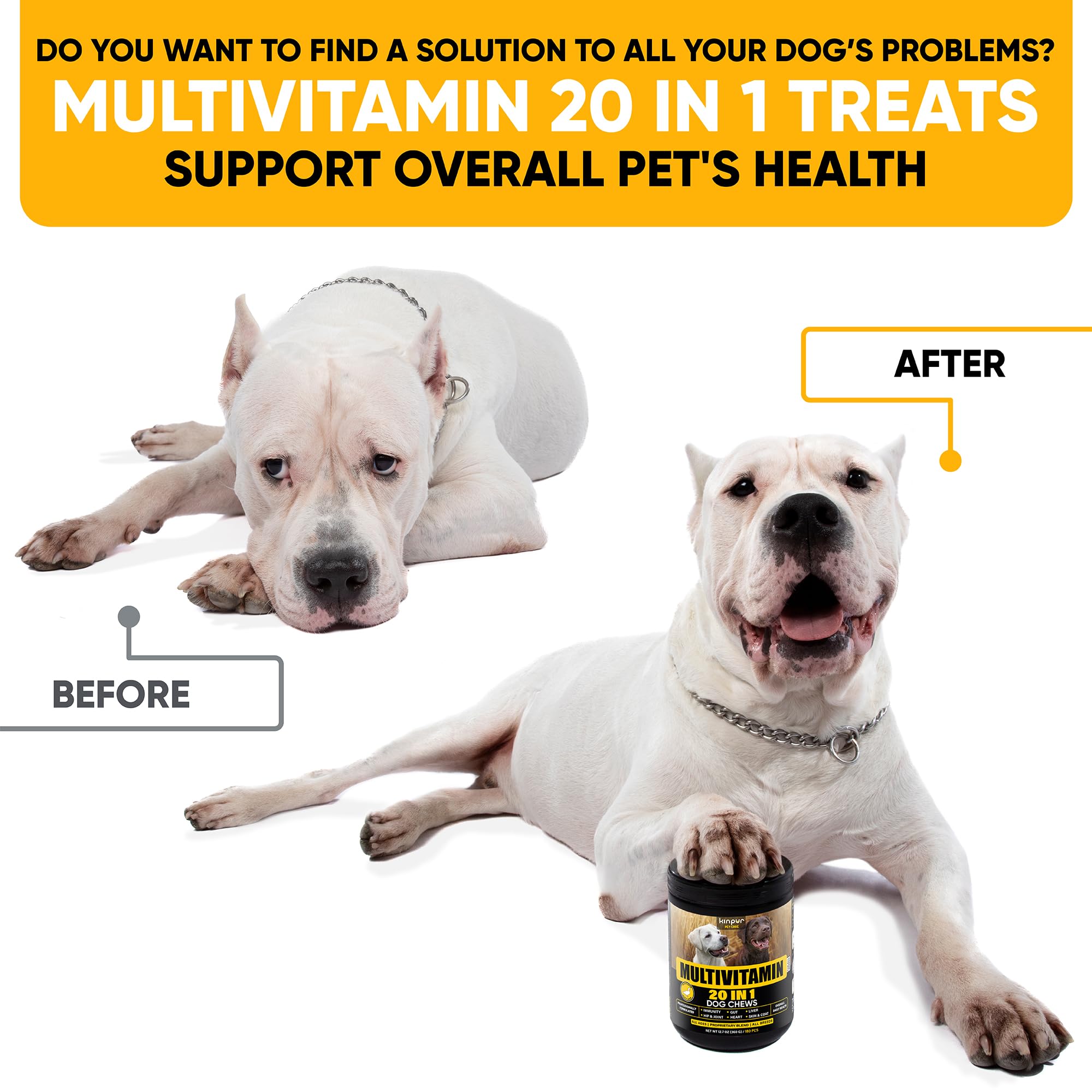 Kinpur Dog Multivitamin Chews label closeup shows core vitamins and minerals.