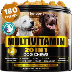 Kinpur Dog Multivitamin Chews packaging highlights daily health benefits.